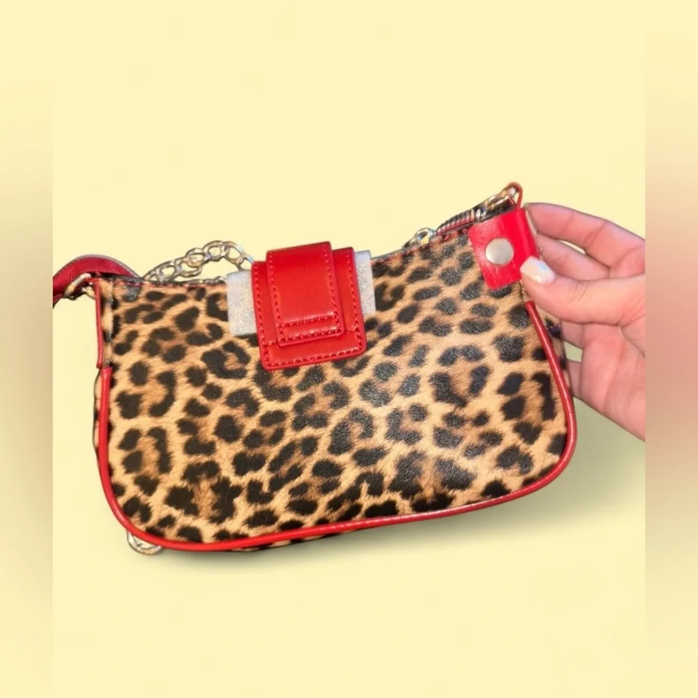 Y2K Leopard Print Shoulder Bag Red Studded Chain Punk Grunge Purse - NEW - Picture 4 of 9